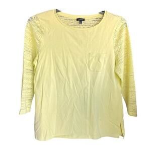 TALBOTS butter yellow 3/4 lace sleeve coastal pullover elevated basics NWOT Sz L